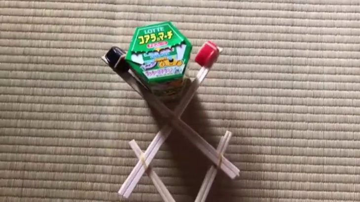 【高齢者（在宅介護）室内レクリエーション】ペットボトルキャップと割り箸と輪ゴムの手作りマジックハンドを使って『ロッテコアラのマーチの空き箱つかみゲーム』